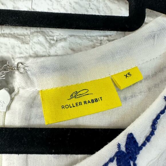 Roller Rabbit Dress Embroidered Cotton Mini Flare 3/4 Sleeve White Blue Pink XS - Picture 3 of 7